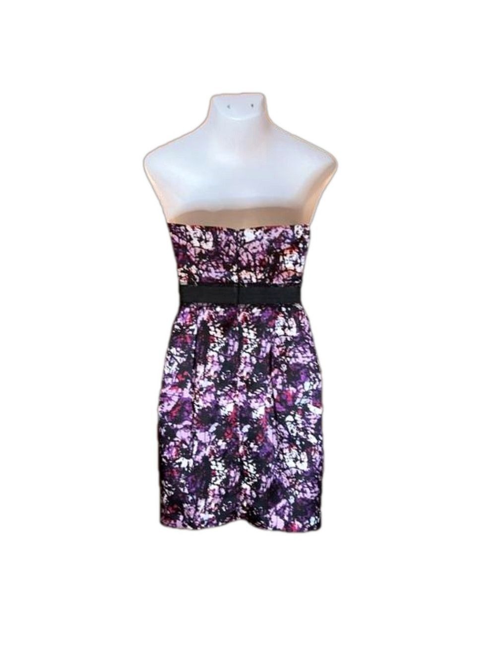 MAX & CLEO  Purple & Black “Satiny” Print Strapless Dress Size 8 - Picture 3 of 7